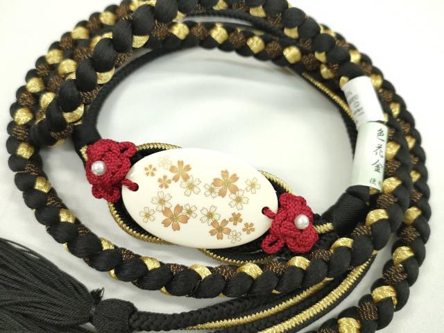 平和屋着物●和装小物　振袖用帯締め　飾り付き　舞花　色花金　黒　金糸　撚り房　逸品　未使用　CAAW4149ju