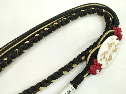 平和屋着物●和装小物　振袖用帯締め　飾り付き　舞花　色花金　黒　金糸　撚り房　逸品　未使用　CAAW4149ju