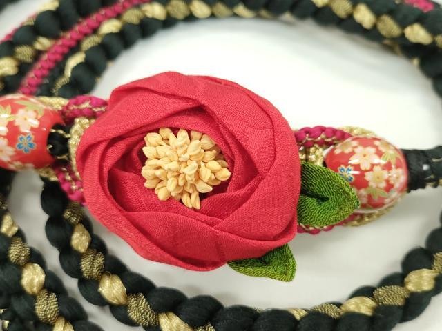 平和屋着物●和装小物　振袖用帯締め　飾り付き　飾り玉　花飾り　黒　金糸　切り房　逸品　未使用　CAAW4150ju