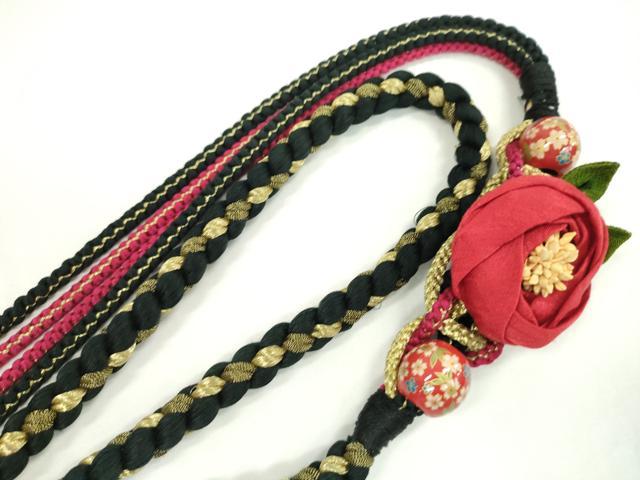 平和屋着物●和装小物　振袖用帯締め　飾り付き　飾り玉　花飾り　黒　金糸　切り房　逸品　未使用　CAAW4150ju