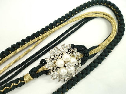平和屋着物●和装小物　振袖用帯締め　飾り付き　ビジュー　花　パール　黒　金糸　切り房　逸品　未使用　CAAW4152ju