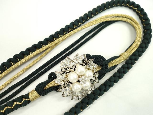 平和屋着物●和装小物　振袖用帯締め　飾り付き　ビジュー　花　パール　黒　金糸　切り房　逸品　未使用　CAAW4152ju