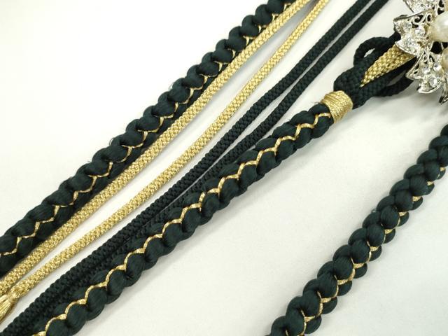平和屋着物●和装小物　振袖用帯締め　飾り付き　ビジュー　花　パール　黒　金糸　切り房　逸品　未使用　CAAW4152ju