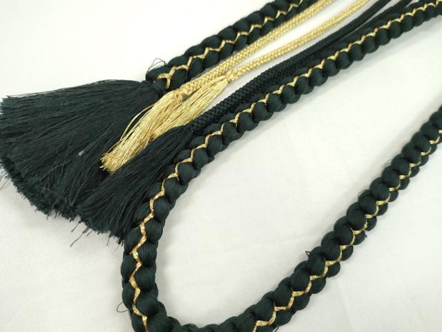 平和屋着物●和装小物　振袖用帯締め　飾り付き　ビジュー　花　パール　黒　金糸　切り房　逸品　未使用　CAAW4152ju