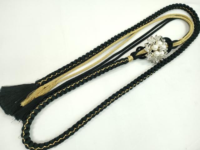 平和屋着物●和装小物　振袖用帯締め　飾り付き　ビジュー　花　パール　黒　金糸　切り房　逸品　未使用　CAAW4152ju