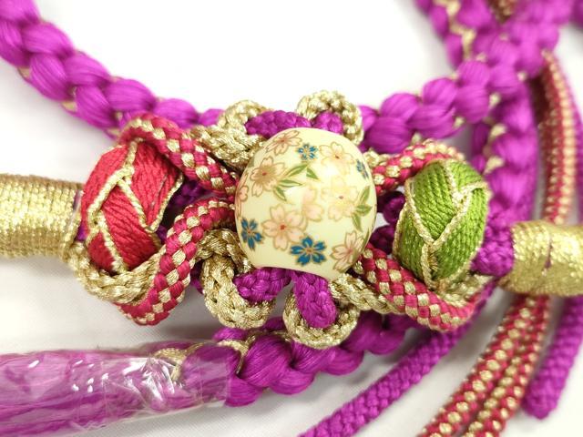 平和屋着物●和装小物 振袖用帯締め 飾り玉 花 小田巻き オーキッドパープル 金糸 切り房 逸品 未使用 CAAW4153ju