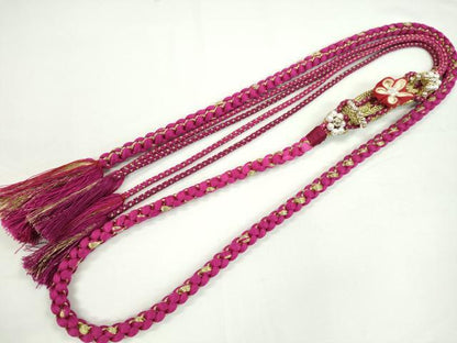 平和屋着物●和装小物 振袖用帯締め つまみ細工 パール 花 ラズベリーレッド 金糸 切り房 逸品 未使用 CAAW4154ju