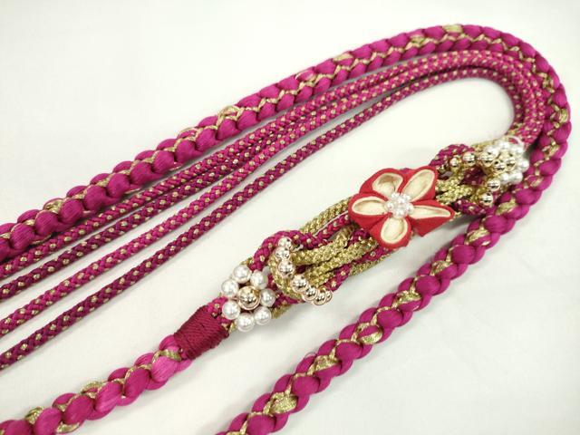 平和屋着物●和装小物 振袖用帯締め つまみ細工 パール 花 ラズベリーレッド 金糸 切り房 逸品 未使用 CAAW4154ju