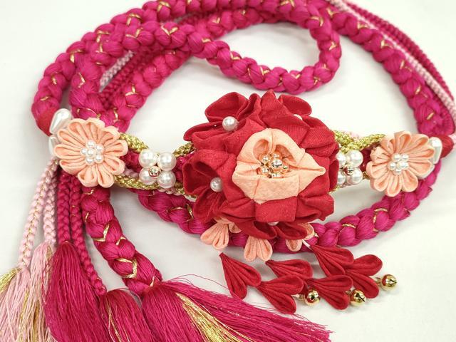 平和屋着物●和装小物 振袖用帯締め 飾り付き つまみ細工 パール 花 ルビー 金糸 切り房 逸品 未使用 CAAW4159ju