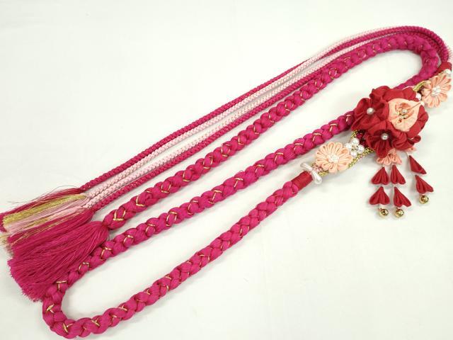 平和屋着物●和装小物 振袖用帯締め 飾り付き つまみ細工 パール 花 ルビー 金糸 切り房 逸品 未使用 CAAW4159ju