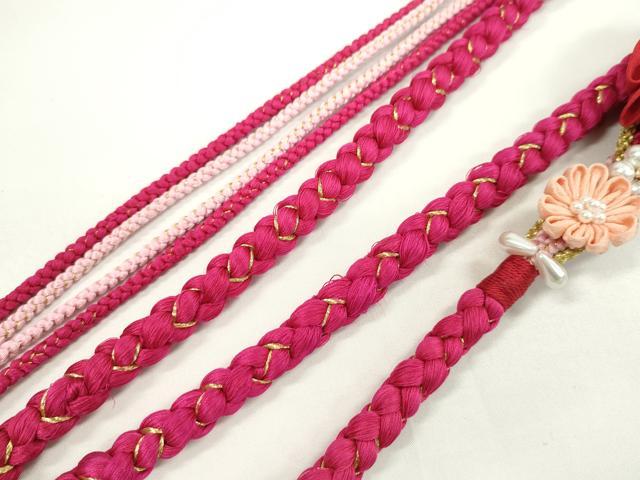 平和屋着物●和装小物 振袖用帯締め 飾り付き つまみ細工 パール 花 ルビー 金糸 切り房 逸品 未使用 CAAW4159ju