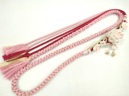 平和屋着物●和装小物　振袖用帯締め　飾り付き　つまみ細工　パール　花　鴇色　金糸　切り房　逸品　未使用　CAAW4160ju