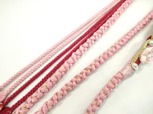 平和屋着物●和装小物　振袖用帯締め　飾り付き　つまみ細工　パール　花　鴇色　金糸　切り房　逸品　未使用　CAAW4160ju