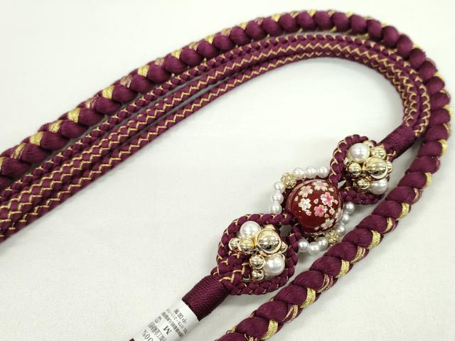平和屋着物●和装小物　振袖用帯締め　飾り付き　飾り玉　パール　花　暗紅色　金糸　撚り房　逸品　未使用　CAAW4252ju