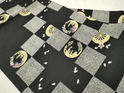 平和屋着物●九寸名古屋帯　唐織　立浪草花文　黒地　正絹　逸品　CAAW4442hy