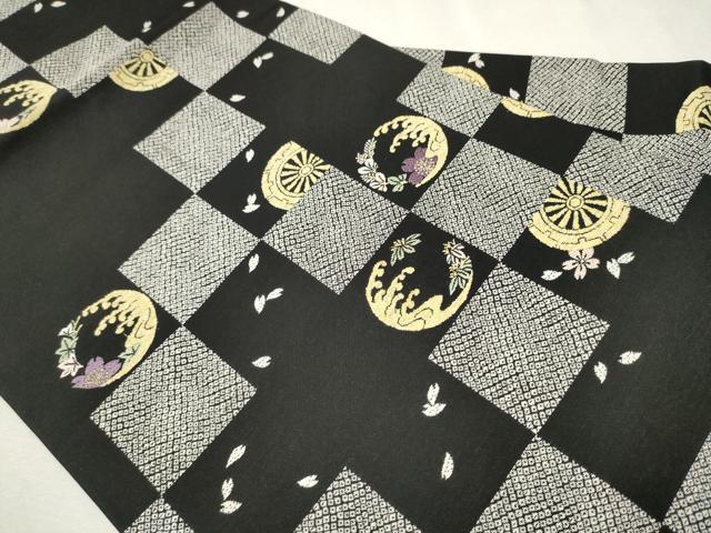 平和屋着物●九寸名古屋帯　唐織　立浪草花文　黒地　正絹　逸品　CAAW4442hy