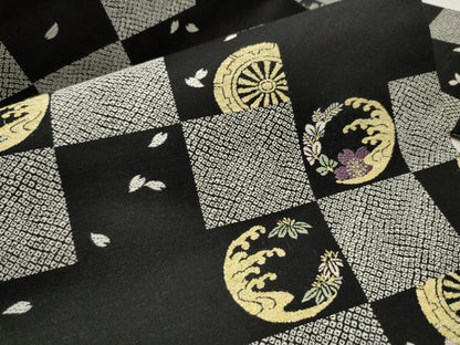 平和屋着物●九寸名古屋帯　唐織　立浪草花文　黒地　正絹　逸品　CAAW4442hy