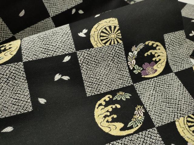 平和屋着物●九寸名古屋帯　唐織　立浪草花文　黒地　正絹　逸品　CAAW4442hy
