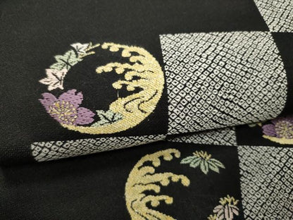 平和屋着物●九寸名古屋帯　唐織　立浪草花文　黒地　正絹　逸品　CAAW4442hy