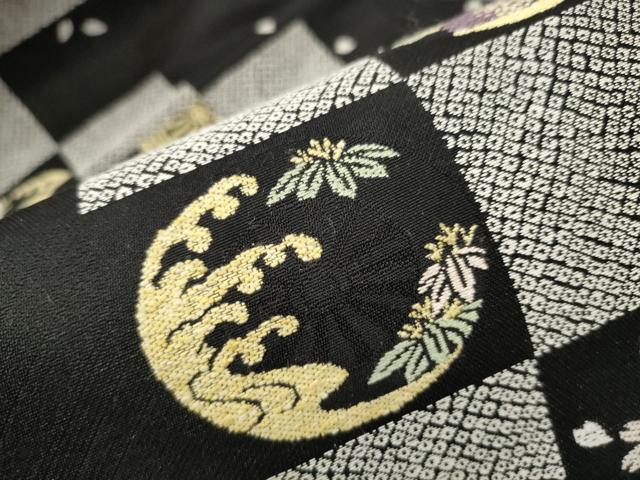 平和屋着物●九寸名古屋帯　唐織　立浪草花文　黒地　正絹　逸品　CAAW4442hy