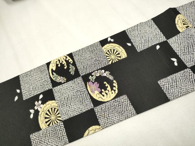 平和屋着物●九寸名古屋帯　唐織　立浪草花文　黒地　正絹　逸品　CAAW4442hy