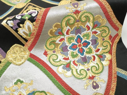 平和屋着物●六通柄袋帯　唐織　正倉院花唐草文　黒地　金銀糸　正絹　逸品　CAAW4535hy