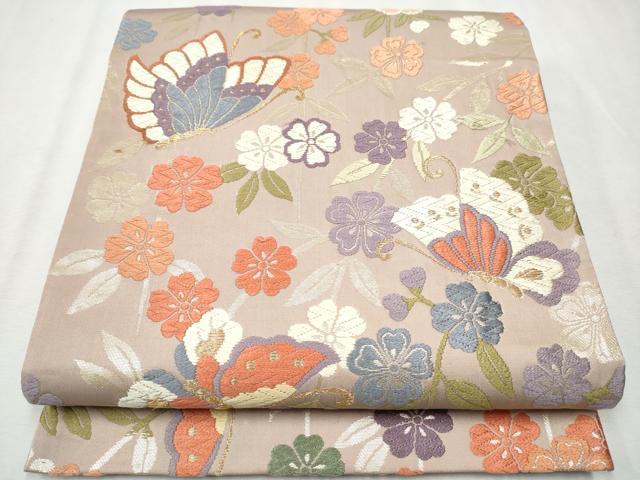 平和屋着物▼全通柄袋帯 唐織 花蝶文 金銀糸 正絹 逸品 CAAW4544hy