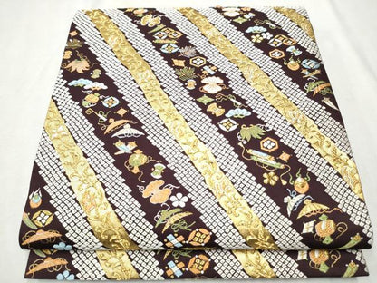 平和屋着物●六通柄袋帯　唐織　宝尽くし　斜線文　金糸　正絹　逸品　CAAW4683hy