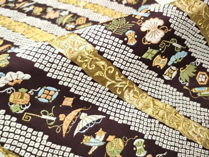 平和屋着物●六通柄袋帯　唐織　宝尽くし　斜線文　金糸　正絹　逸品　CAAW4683hy