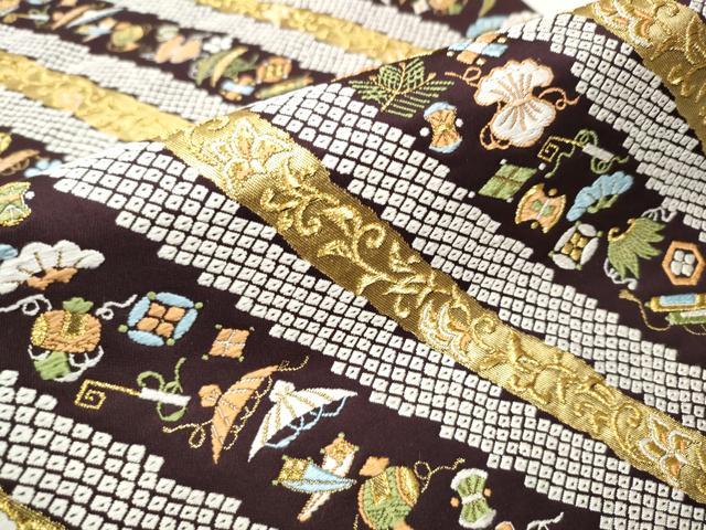 平和屋着物●六通柄袋帯　唐織　宝尽くし　斜線文　金糸　正絹　逸品　CAAW4683hy