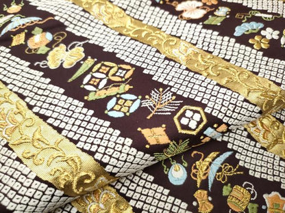 平和屋着物●六通柄袋帯　唐織　宝尽くし　斜線文　金糸　正絹　逸品　CAAW4683hy