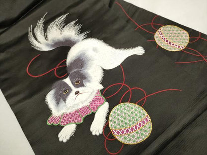 平和屋着物●アンティーク　大正ロマン　九寸名古屋帯　総刺繍　駒刺繍　犬　チン　黒地　銀糸　正絹　逸品　CAAW4703hy