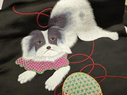 平和屋着物●アンティーク　大正ロマン　九寸名古屋帯　総刺繍　駒刺繍　犬　チン　黒地　銀糸　正絹　逸品　CAAW4703hy