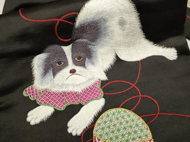 平和屋着物●アンティーク　大正ロマン　九寸名古屋帯　総刺繍　駒刺繍　犬　チン　黒地　銀糸　正絹　逸品　CAAW4703hy