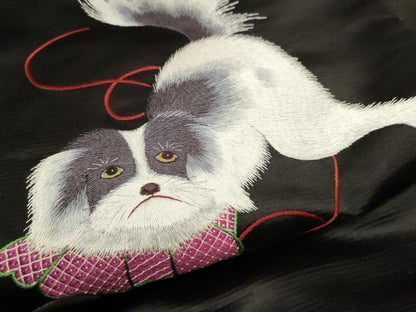 平和屋着物●アンティーク　大正ロマン　九寸名古屋帯　総刺繍　駒刺繍　犬　チン　黒地　銀糸　正絹　逸品　CAAW4703hy