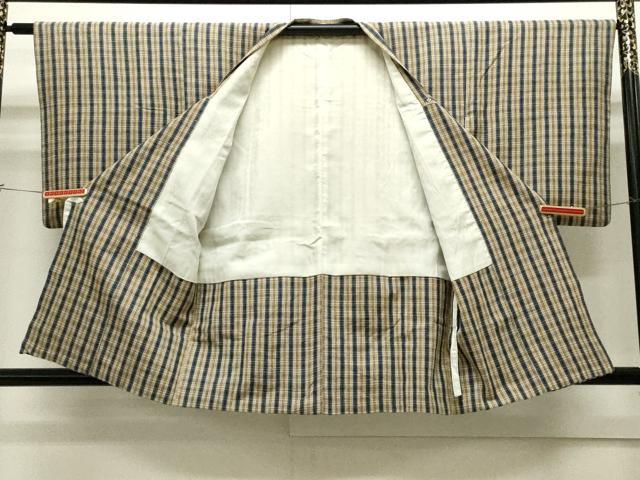 平和屋着物＃道行コート　紬地　格子柄　正絹　逸品　CAAW4834dy