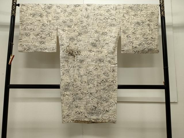 平和屋着物＃道中着　型染め　流水草花文　高島屋扱い　ロング丈　正絹　逸品　CAAW4839dy