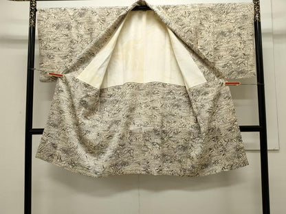 平和屋着物＃道中着　型染め　流水草花文　高島屋扱い　ロング丈　正絹　逸品　CAAW4839dy
