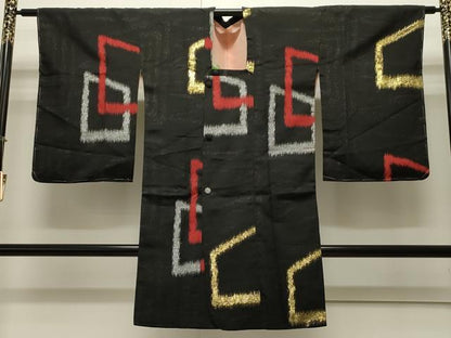 平和屋着物∞道行コート 寿光織 吉祥文 黒地 金銀糸 ロング丈 正絹 逸品 未使用 CAAW4930dy
