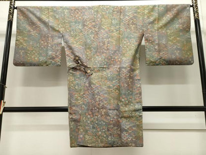 平和屋着物＃道中着　お召地　流水草花文　暈し染め　ロング丈　正絹　逸品　CAAW4978dy