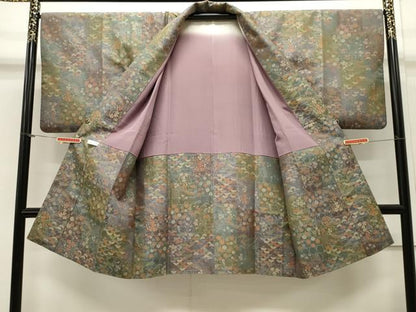 平和屋着物＃道中着　お召地　流水草花文　暈し染め　ロング丈　正絹　逸品　CAAW4978dy