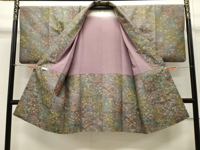 平和屋着物＃道中着　お召地　流水草花文　暈し染め　ロング丈　正絹　逸品　CAAW4978dy