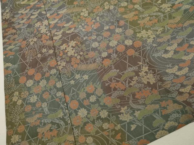平和屋着物＃道中着　お召地　流水草花文　暈し染め　ロング丈　正絹　逸品　CAAW4978dy
