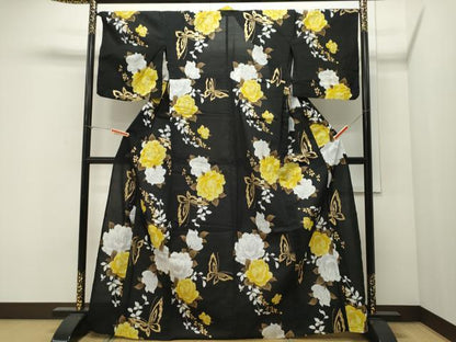 平和屋着物∴夏物　世界的ファッションデザイナー　山本寛斎　kansaiブランド　浴衣　花蝶文　黒地　金銀彩　綿　CAAW5013dy
