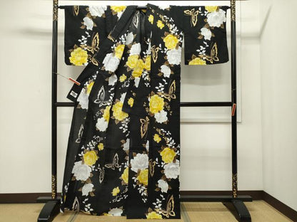 平和屋着物∴夏物　世界的ファッションデザイナー　山本寛斎　kansaiブランド　浴衣　花蝶文　黒地　金銀彩　綿　CAAW5013dy