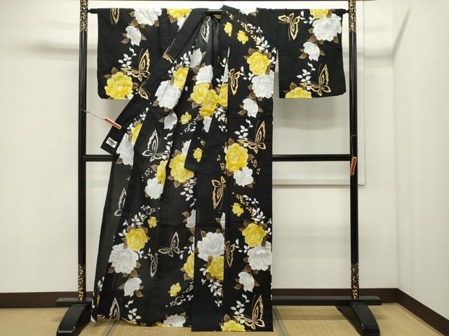 平和屋着物∴夏物　世界的ファッションデザイナー　山本寛斎　kansaiブランド　浴衣　花蝶文　黒地　金銀彩　綿　CAAW5013dy