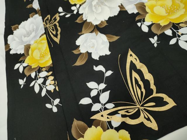 平和屋着物∴夏物　世界的ファッションデザイナー　山本寛斎　kansaiブランド　浴衣　花蝶文　黒地　金銀彩　綿　CAAW5013dy