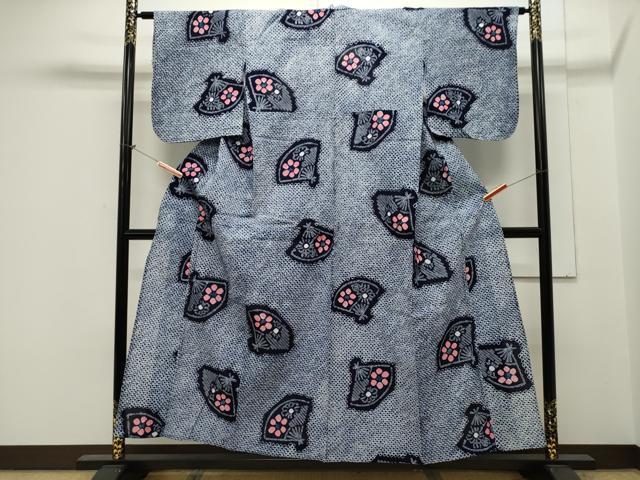 平和屋着物∴夏物 浴衣 有松鳴海絞り 扇面花文 綿 逸品 CAAW5102dy