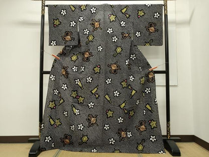 平和屋着物∴夏物　浴衣　有松鳴海絞り　玩具花文　黒地　綿　逸品　CAAW5121dy