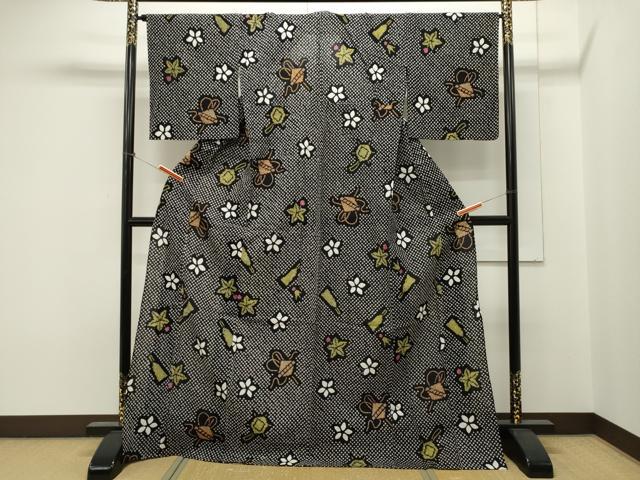 平和屋着物∴夏物　浴衣　有松鳴海絞り　玩具花文　黒地　綿　逸品　CAAW5121dy